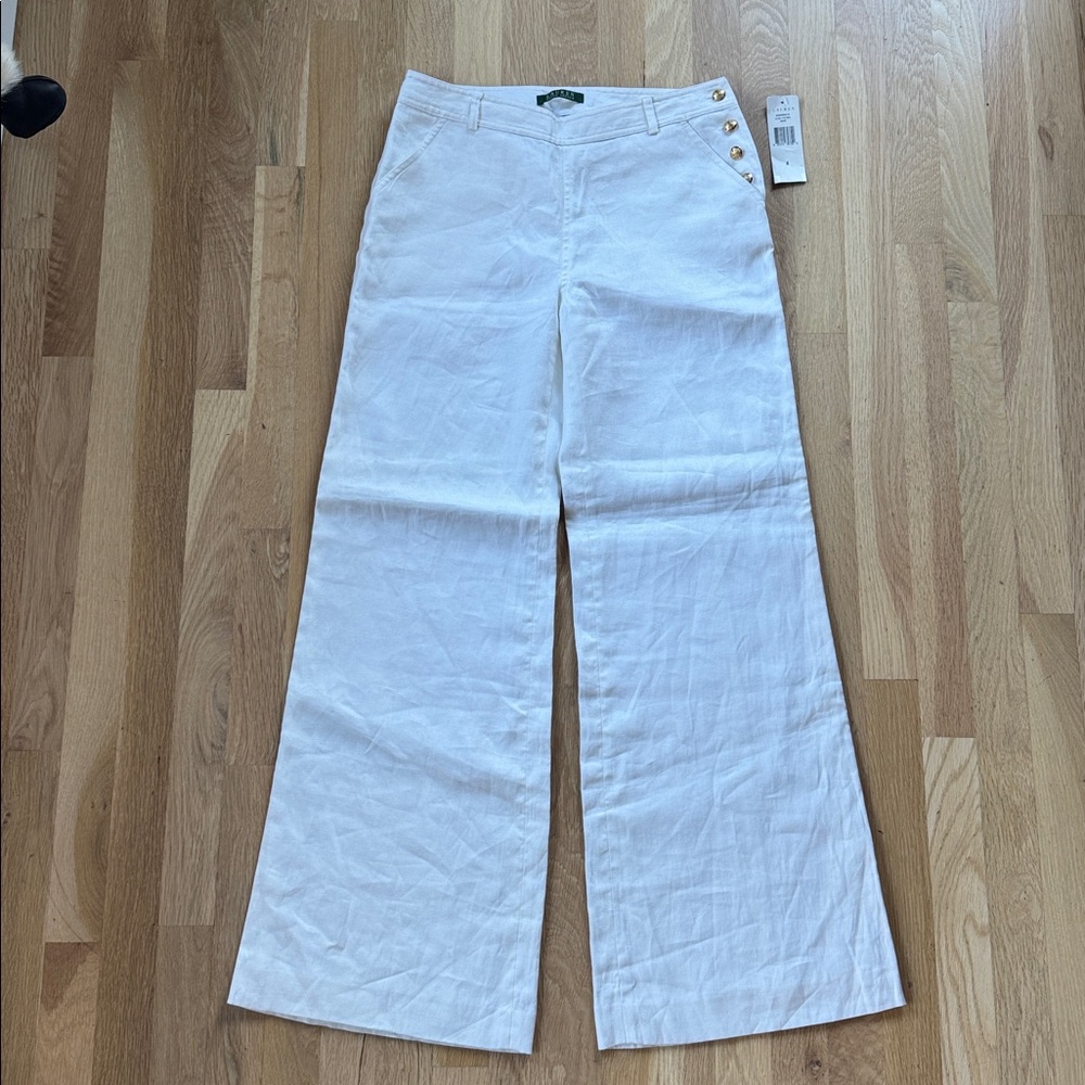 Lauren Ralph Lauren White Linen Wide Leg Pants 4